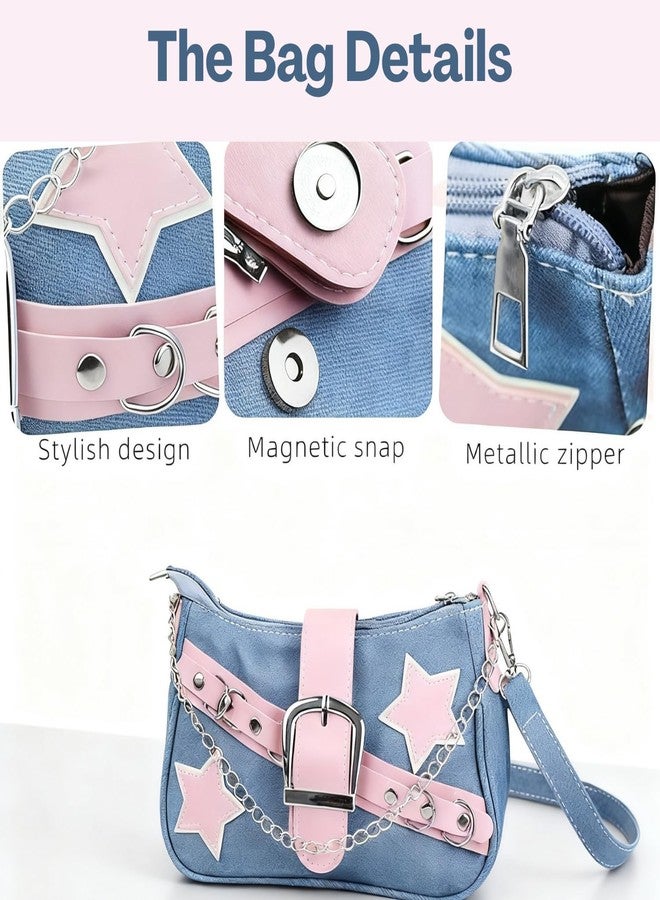 TecoKart حقائب يد أنيقة من TecoKart® للنساء | حقيبة جمالية مزينة بتطريز النجوم، حقائب جينز عصرية للنساء | حقيبة كتف صغيرة بتصميم Y2K - Image 3